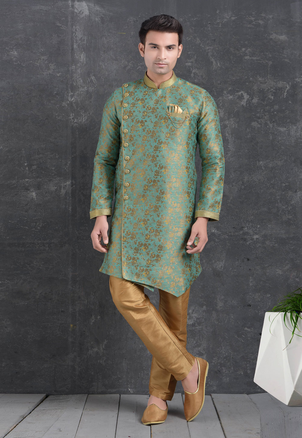 Green Jacquard Silk Indo Western Suit 222473