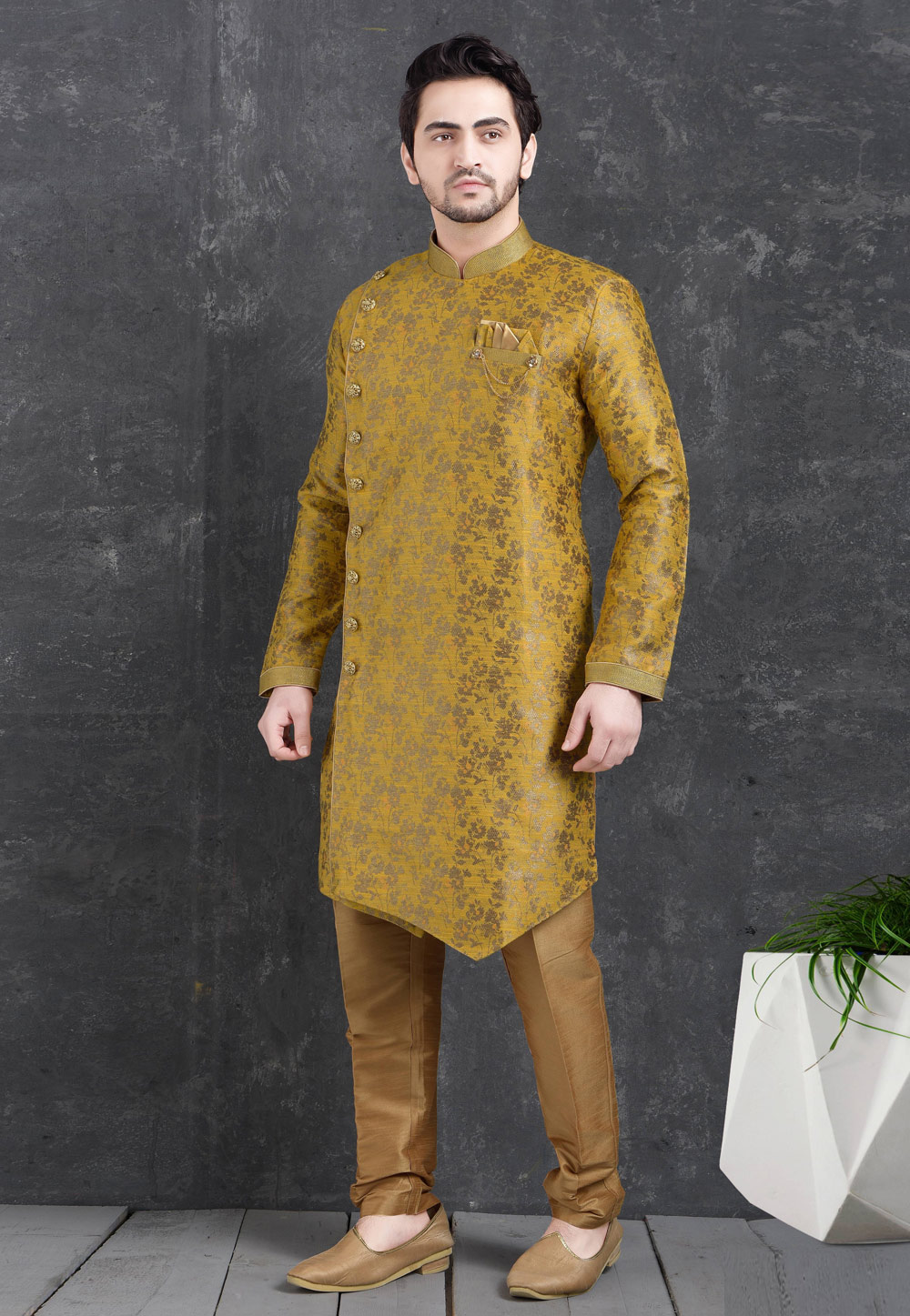 Yellow Jacquard Silk Indo Western Suit 222474