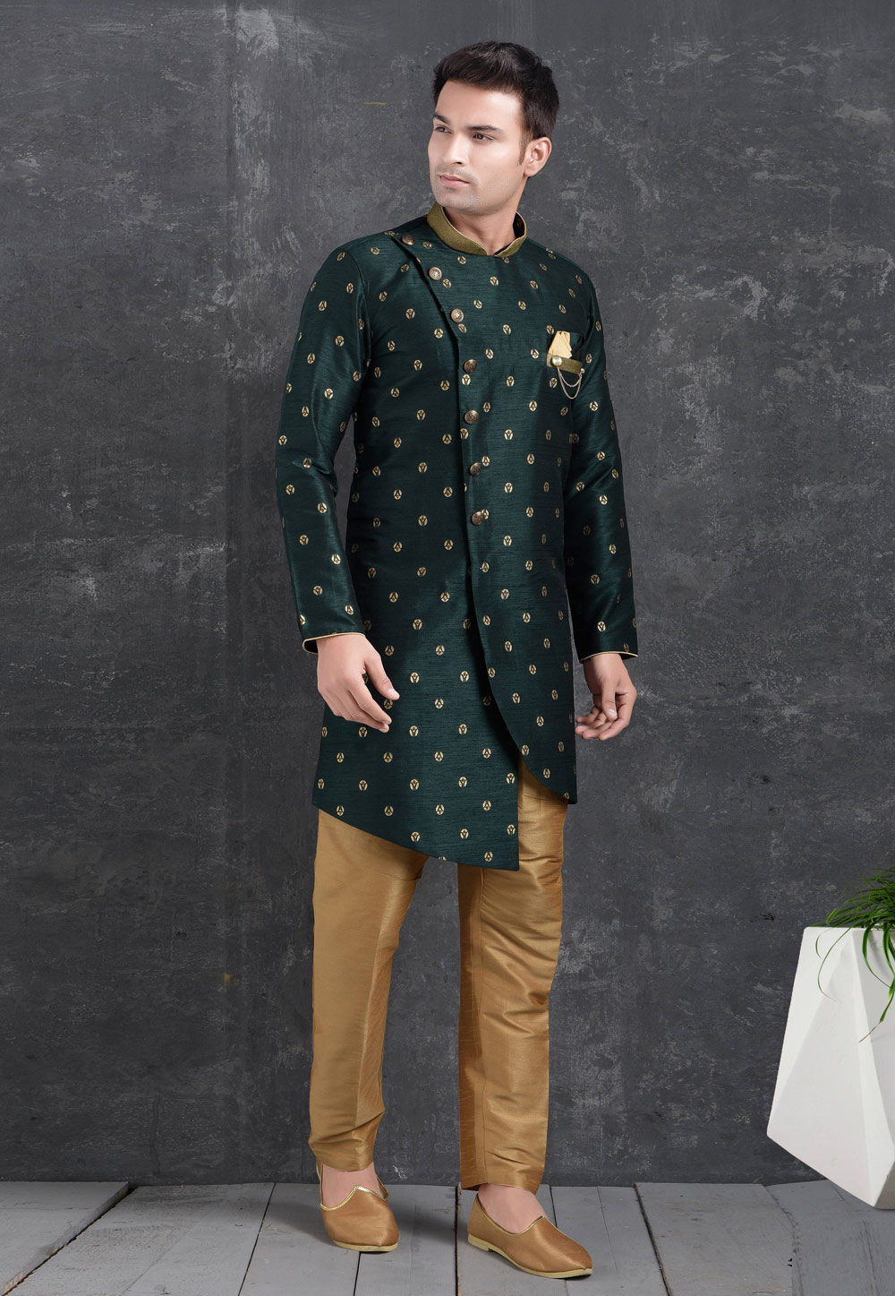 Green Jacquard Silk Indo Western Suit 222475
