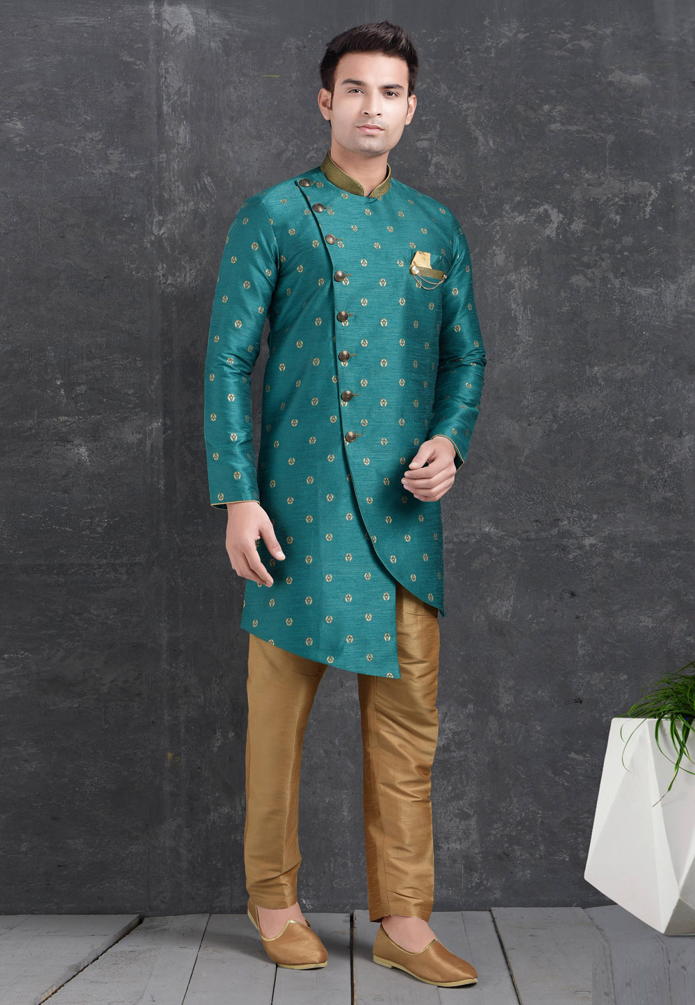 Teal Jacquard Silk Indo Western Suit 222477