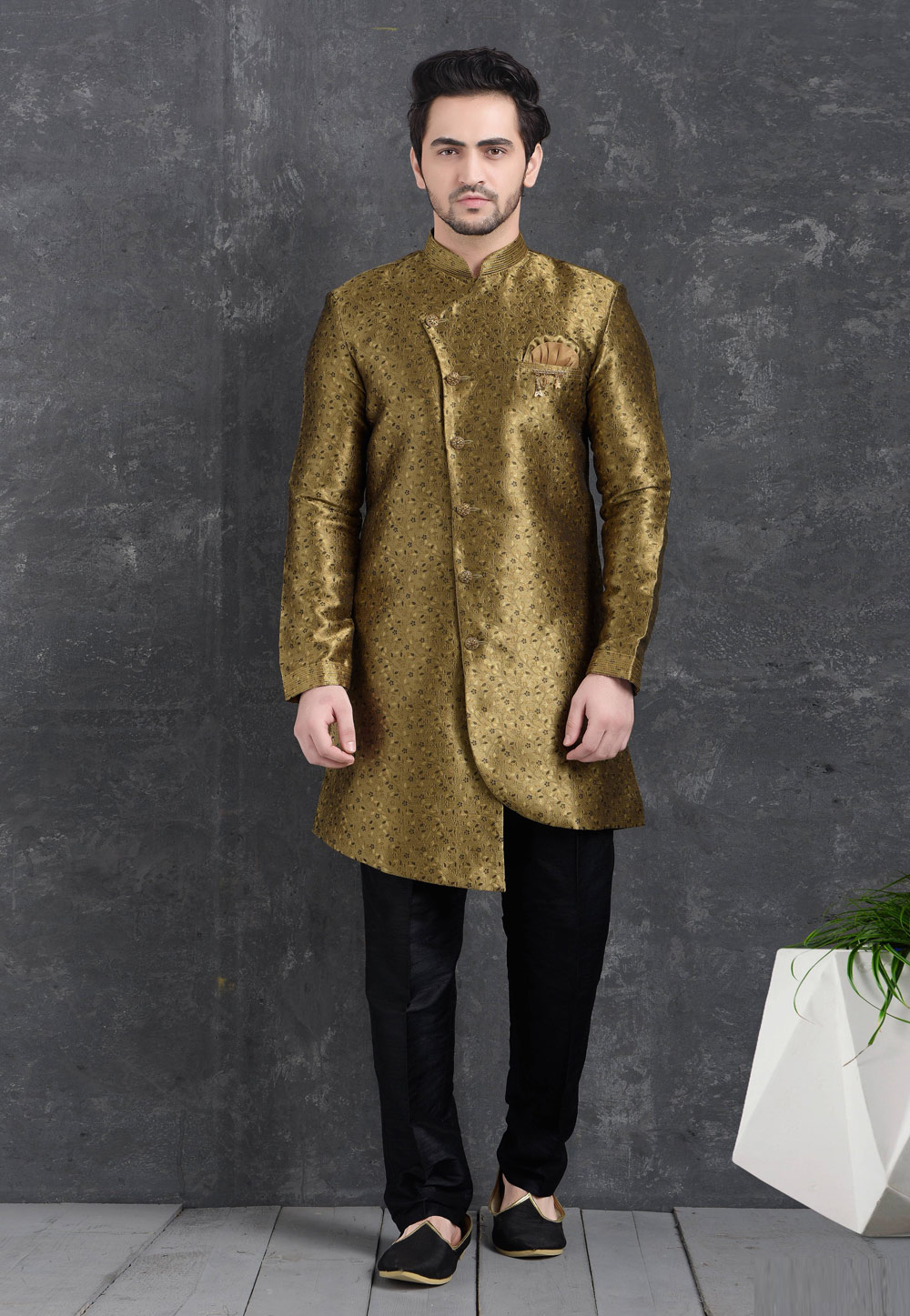 Brown Jacquard Silk Indo Western Suit 222478