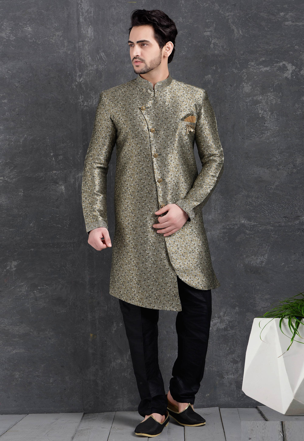 Grey Jacquard Silk Indo Western Suit 222480