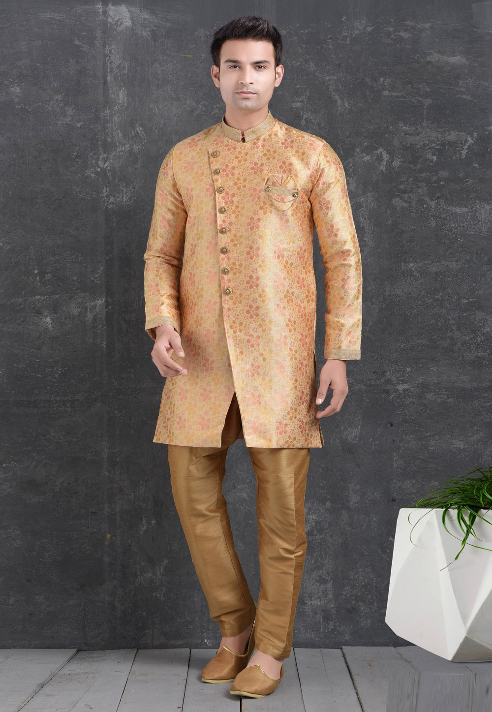 Peach Jacquard Silk Indo Western Suit 222481