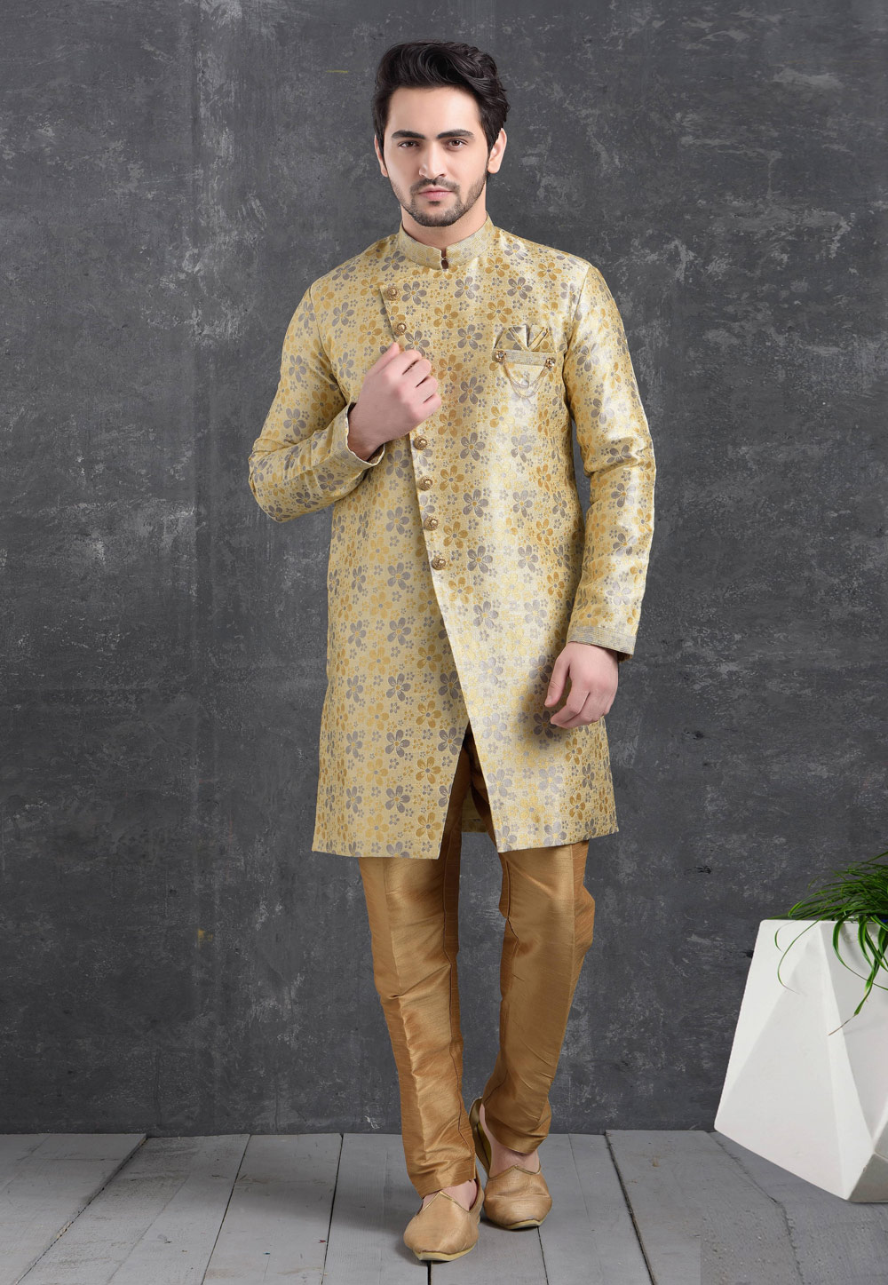 Beige Jacquard Silk Indo Western Suit 222482