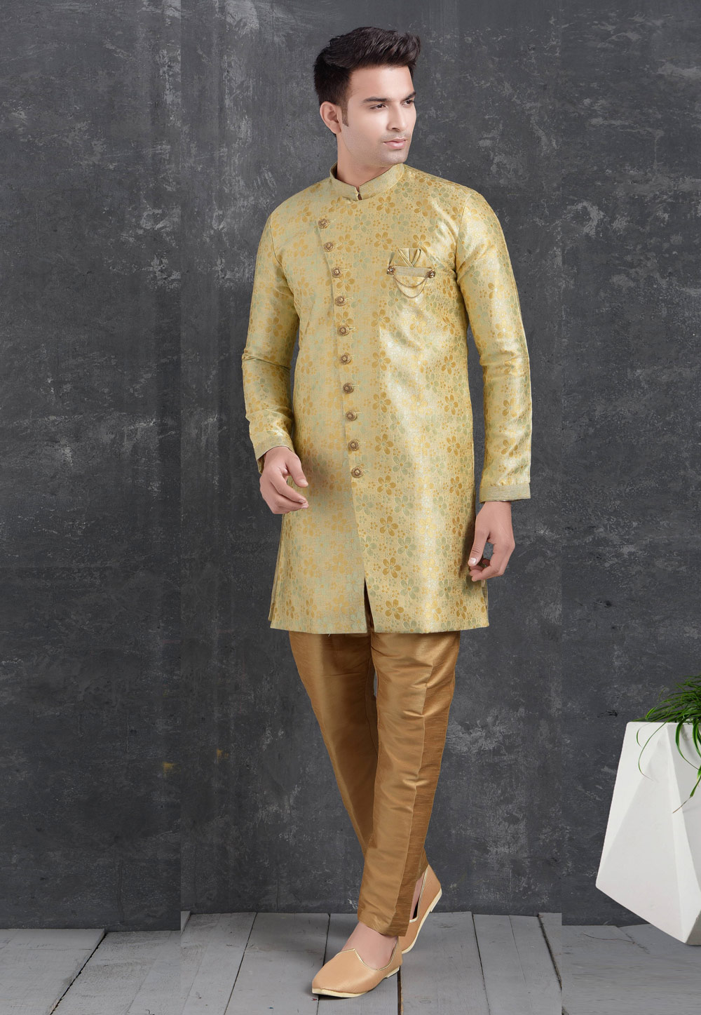 Beige Jacquard Silk Indo Western Suit 222483