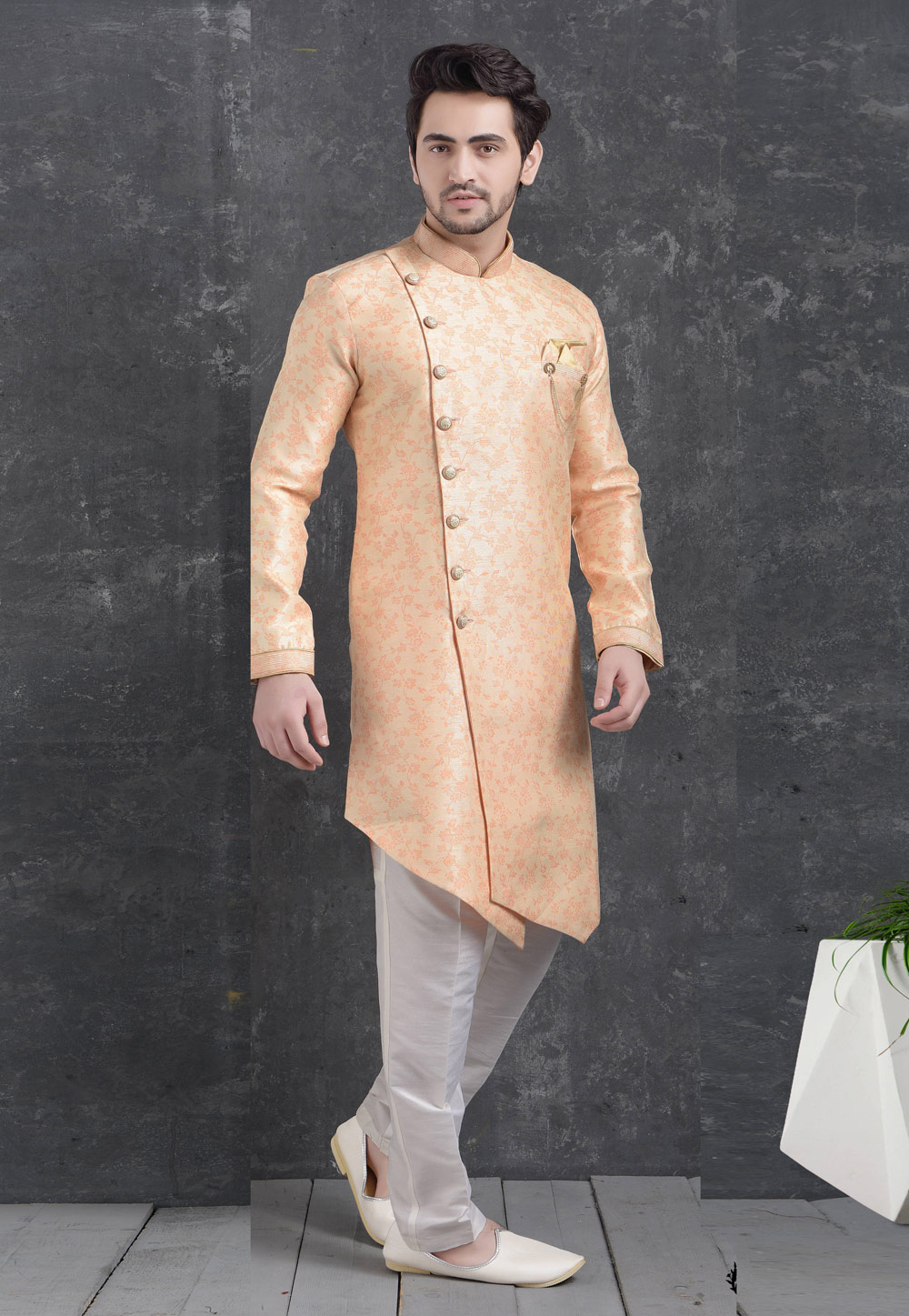 Peach Jacquard Silk Indo Western Suit 222485