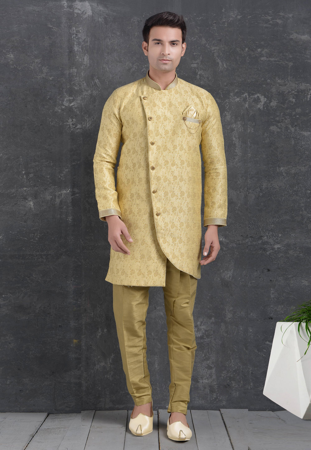 Beige Jacquard Silk Indo Western Suit 222487