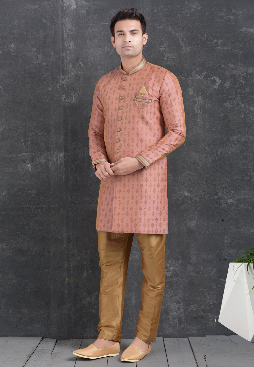 Pink Jacquard Silk Indo Western Suit 222489