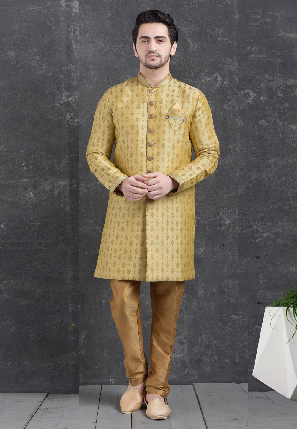 Golden Jacquard Silk Indo Western Suit 222490