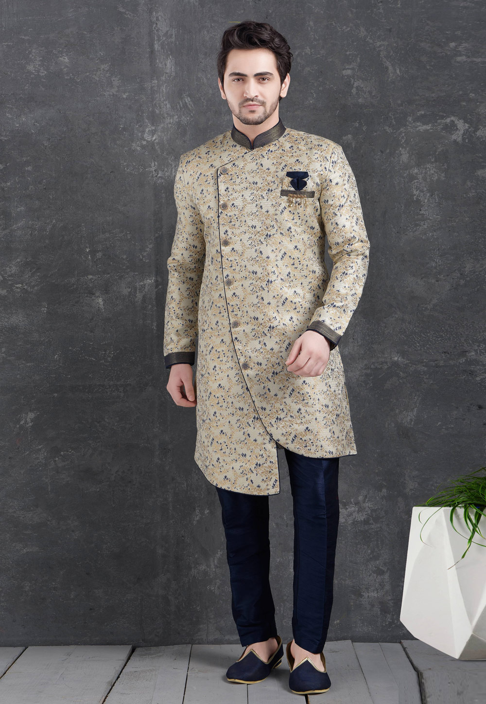Beige Jacquard Silk Indo Western Suit 222492