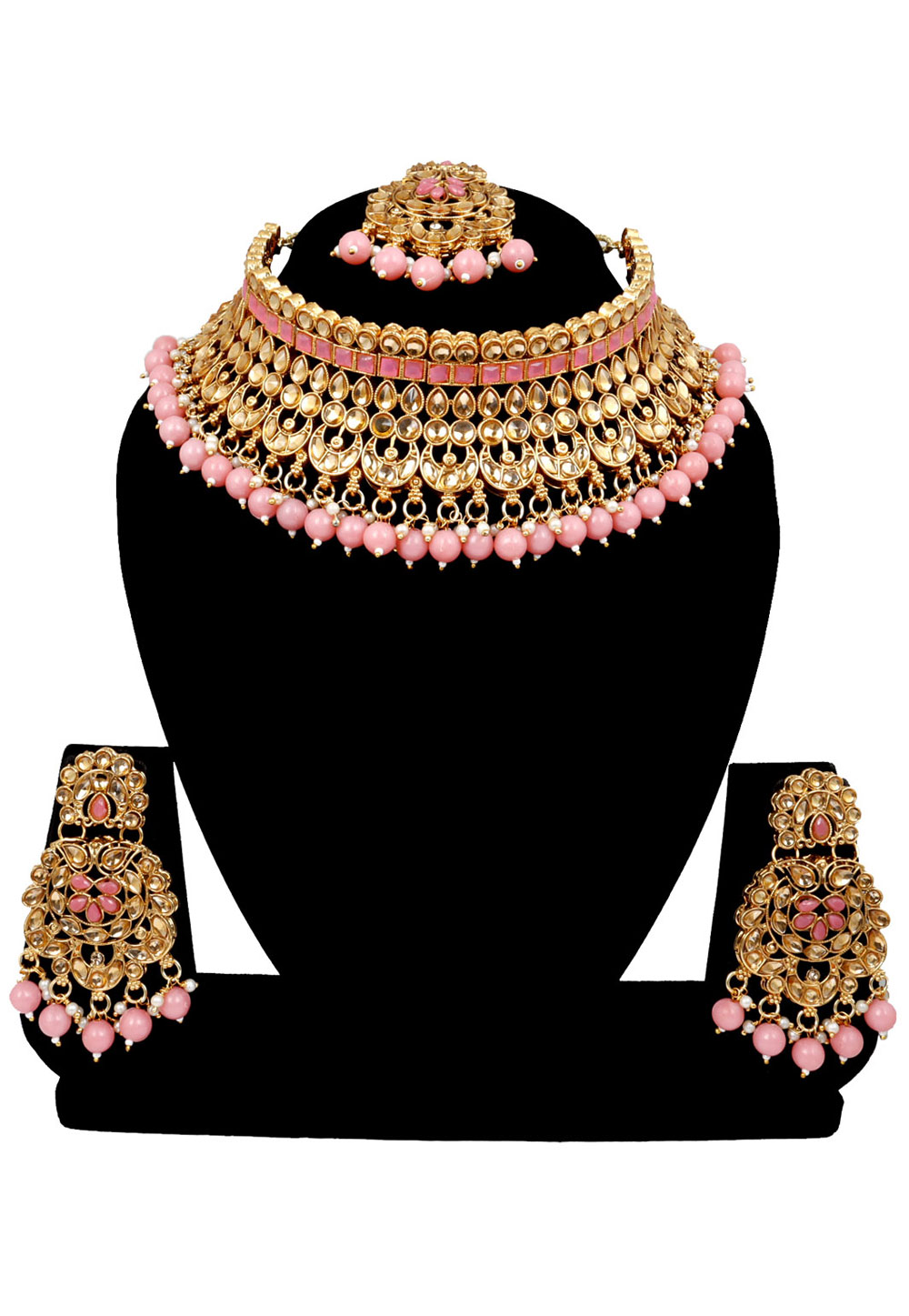 Pink Alloy Austrian Diamonds and Kundan Necklace Set With Earrings and Maang Tikka 272621