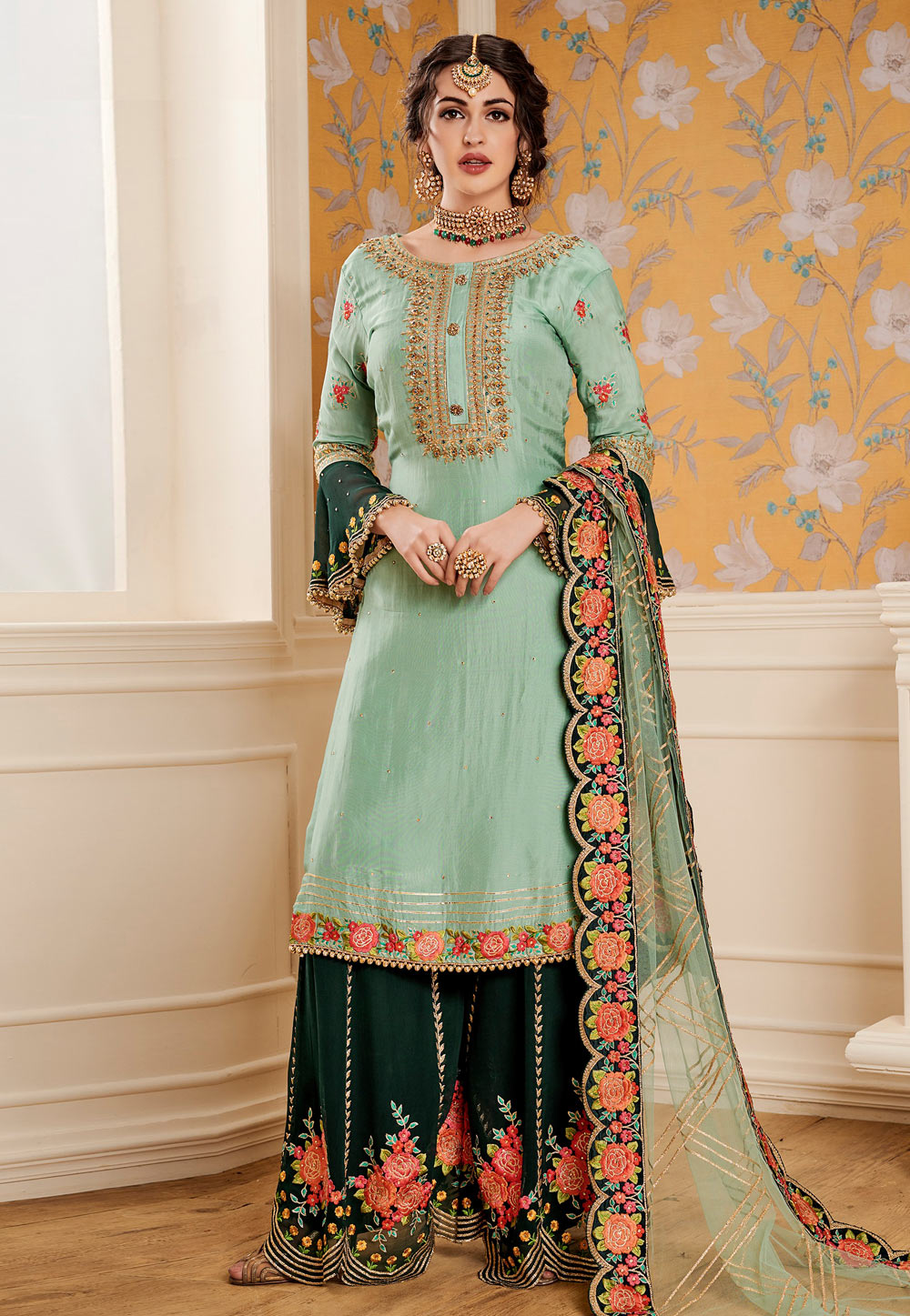 Light Green Faux Georgette Palazzo Suit 156635