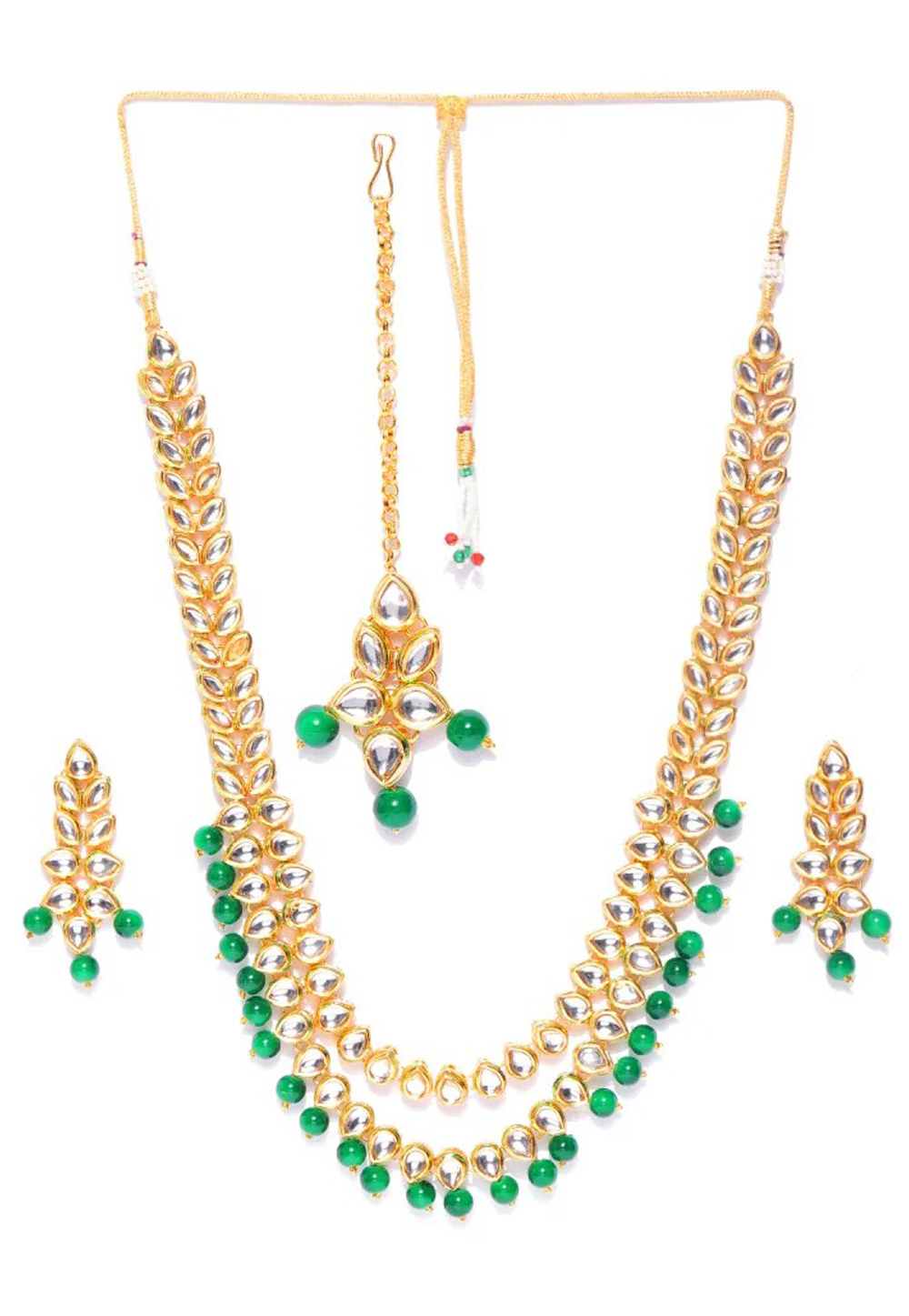 Green Alloy Austrian Diamond Necklace Set Earrings and Maang Tikka 198995