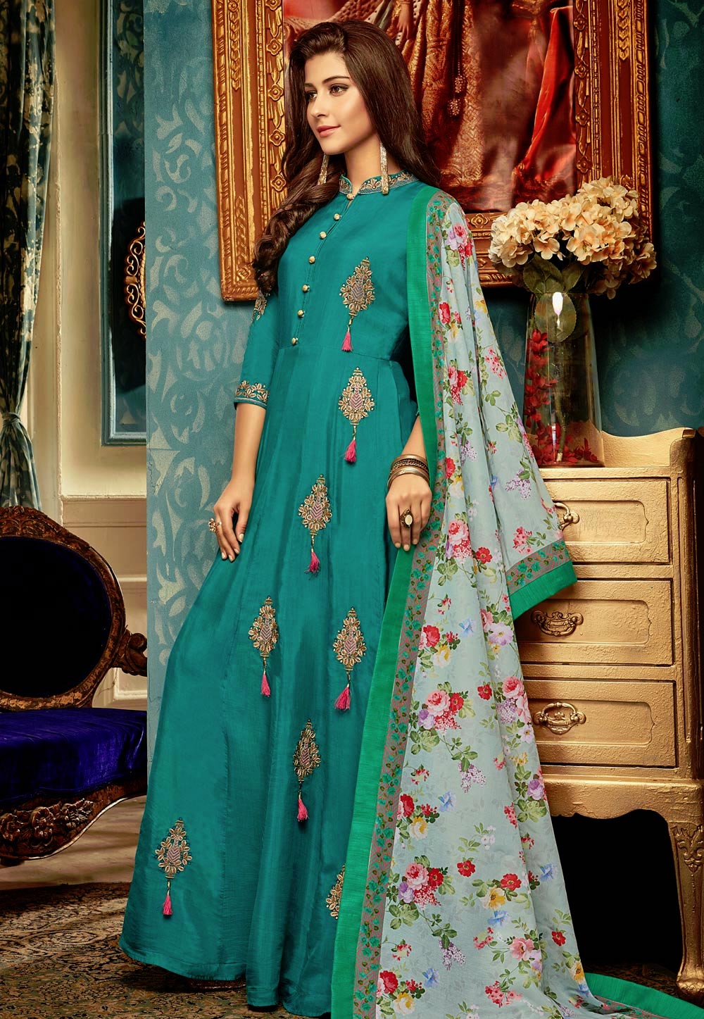 Turquoise Muslin Long Anarkali Suit 157595