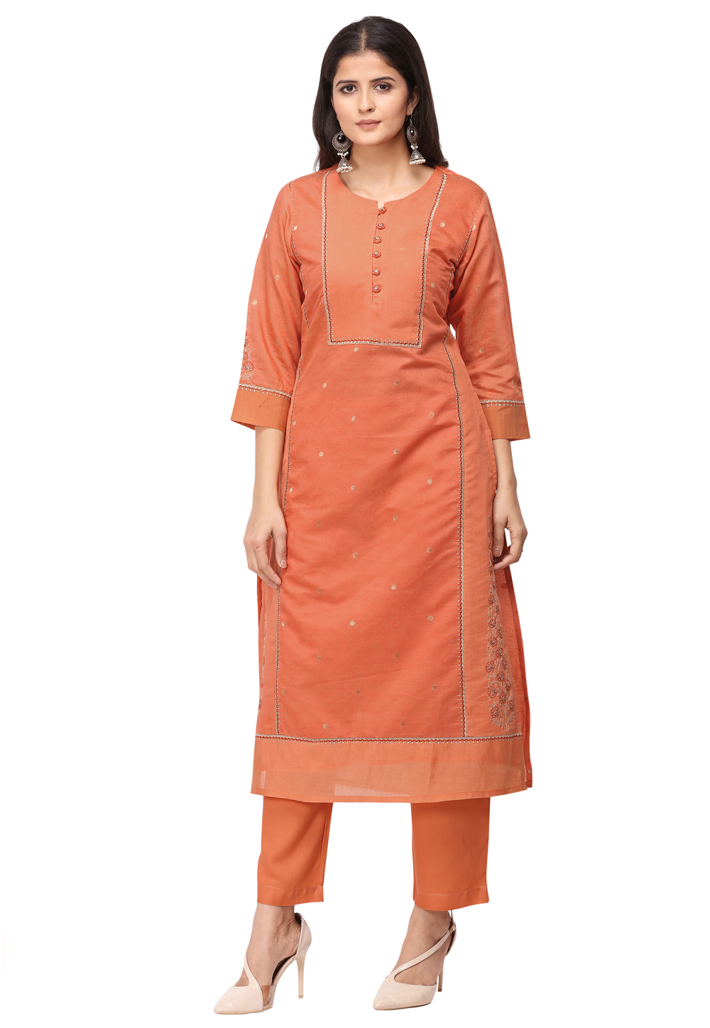 Orange Chanderi Silk Readymade Kurta Set With Pant 209926