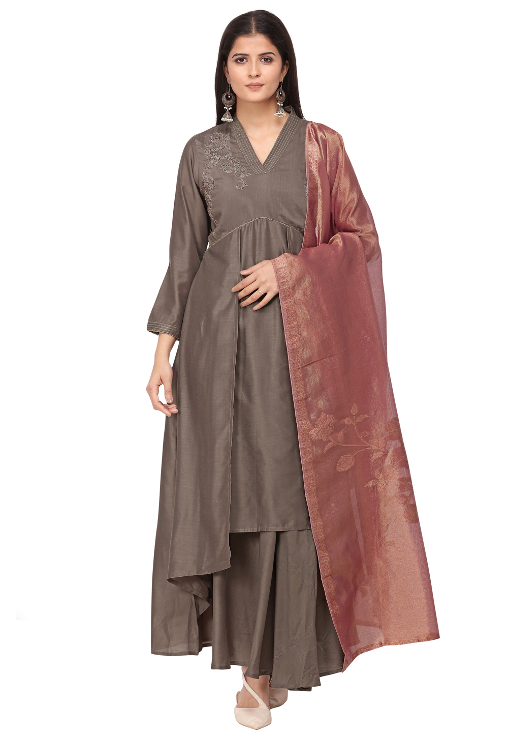Brown Muslin Readymade Gown 209928