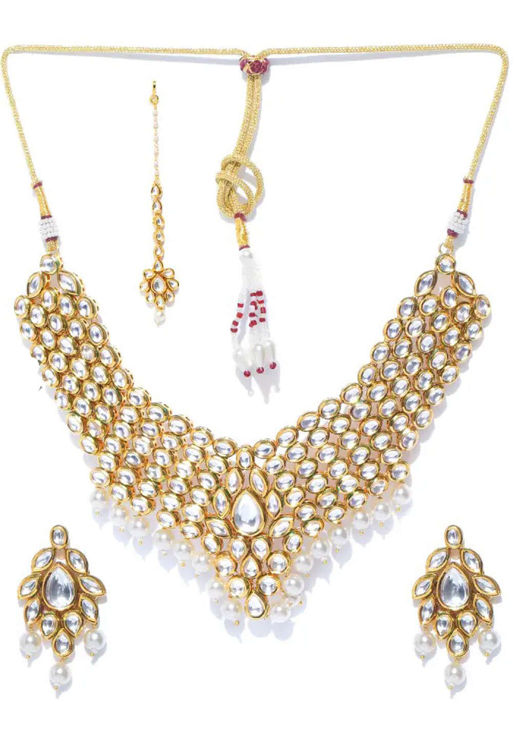 White Alloy Austrian Diamond Necklace Set Earrings and Maang Tikka 198997
