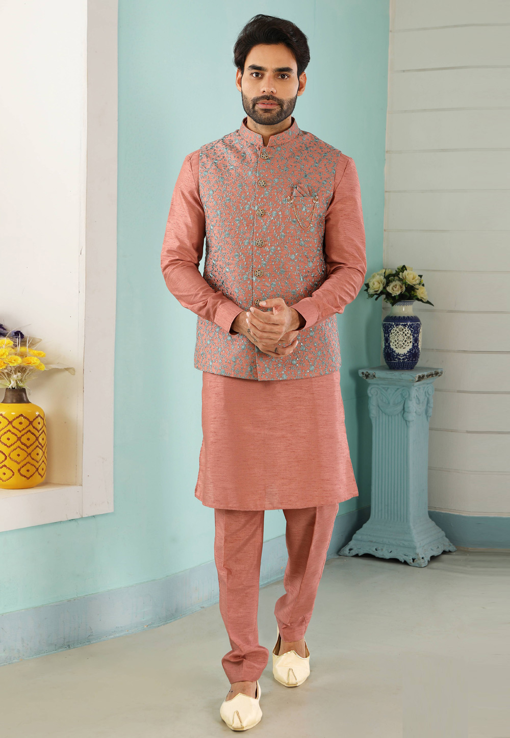 Pink Banarasi Silk Kurta Pajama With Jacket 222442