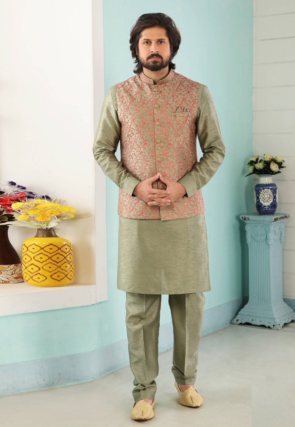 Green Banarasi Silk Kurta Pajama With Jacket 222443