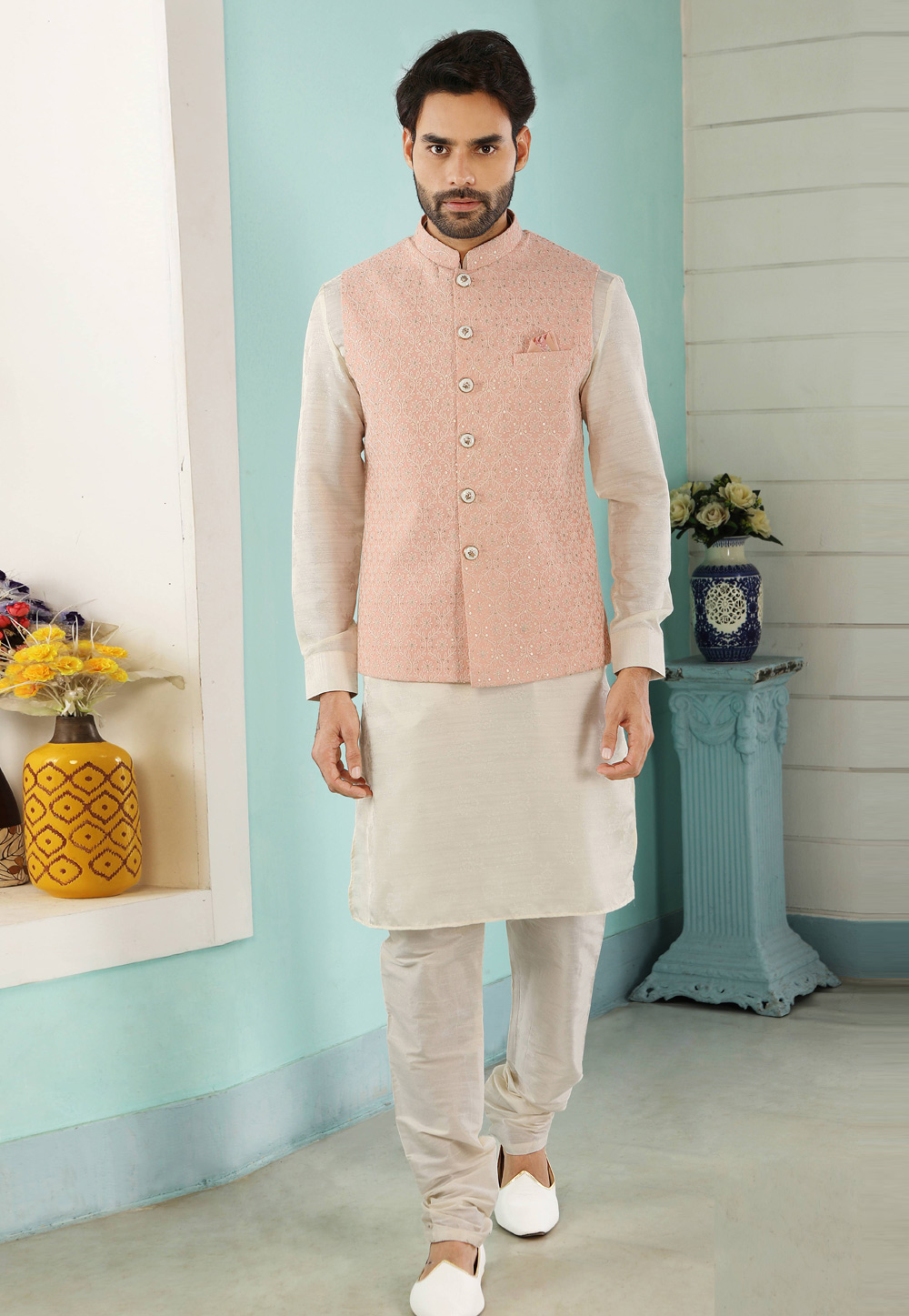 Off White Banarasi Silk Kurta Pajama With Jacket 222450