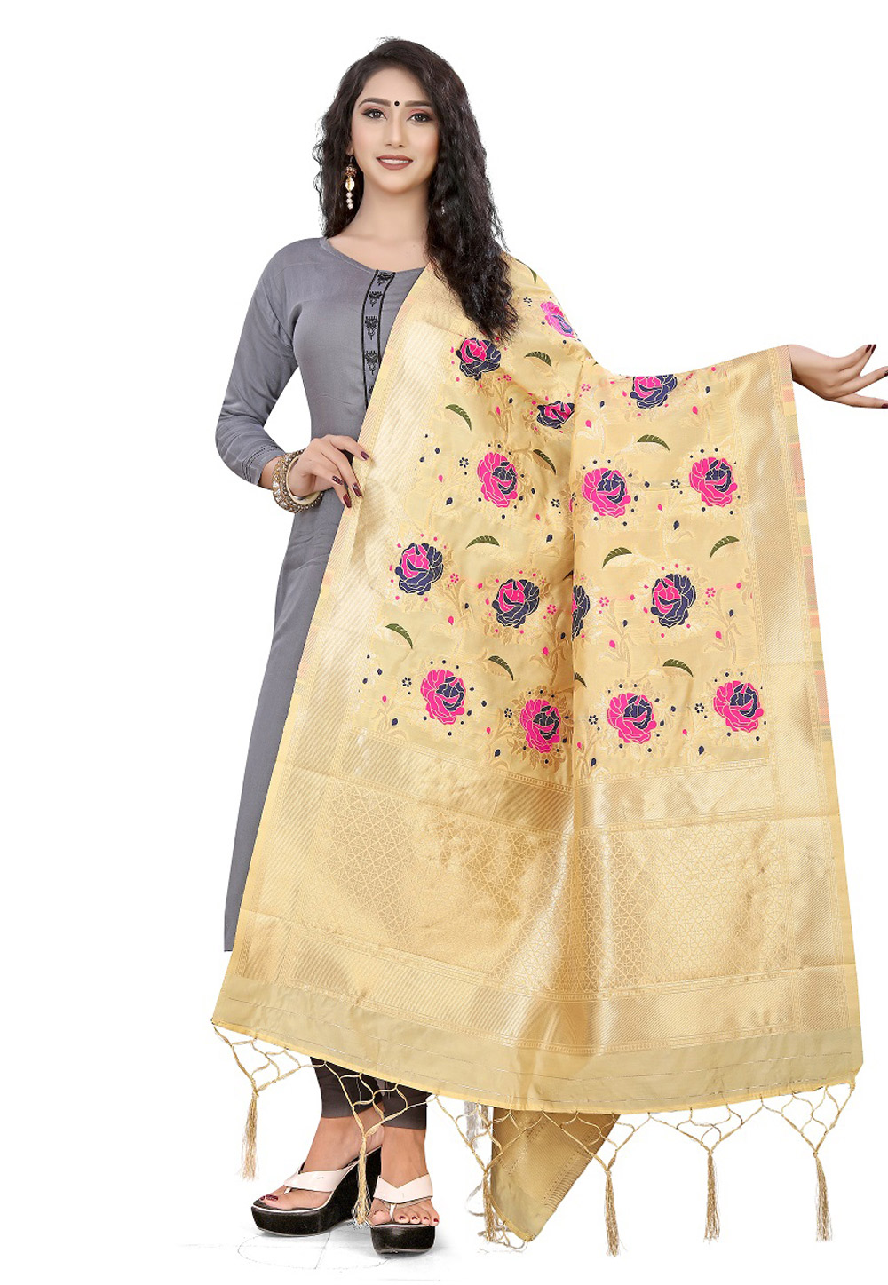 Cream Banarasi Silk Dupatta 209146