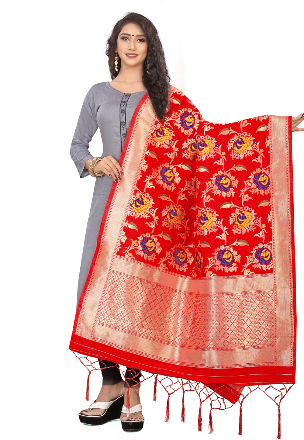 Red Banarasi Silk Dupatta 209154