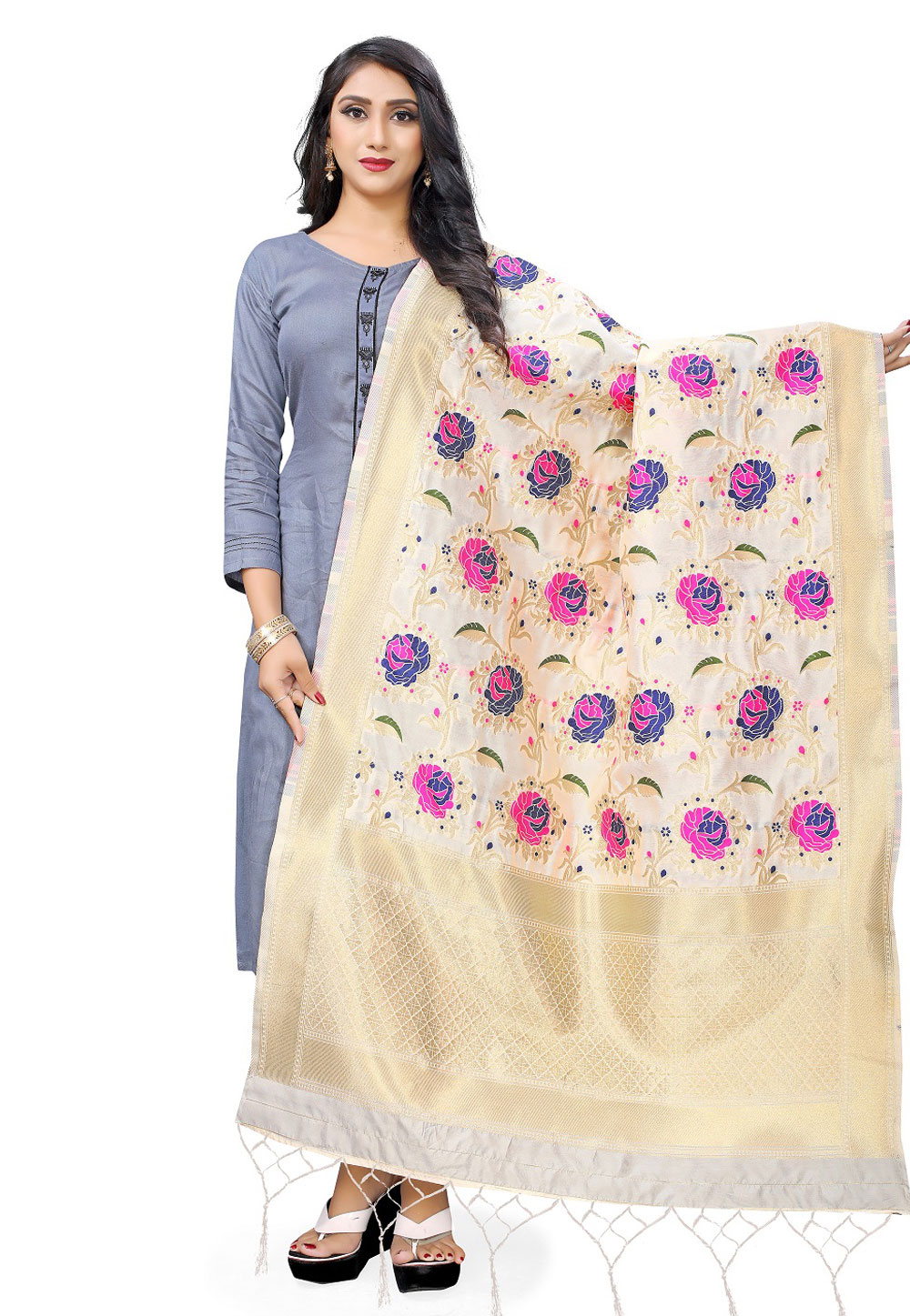 Cream Banarasi Silk Dupatta 209156
