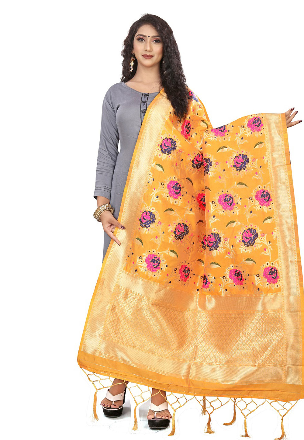 Yellow Banarasi Silk Dupatta 209158