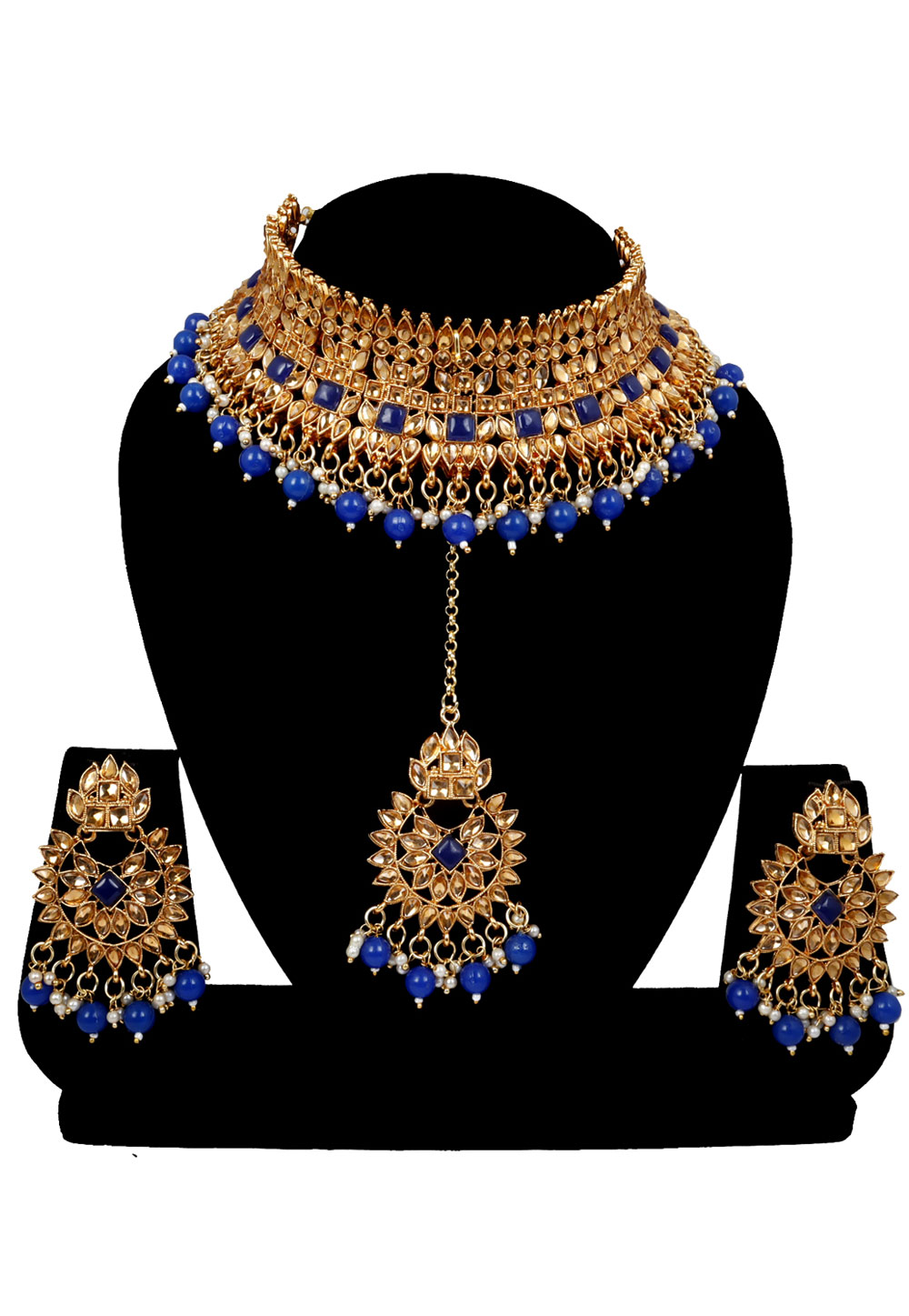 Blue Alloy Austrian Diamonds and Kundan Necklace Set With Earrings and Maang Tikka 272622