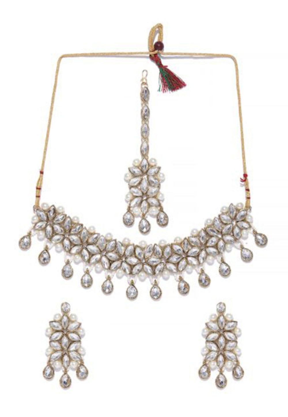 White Alloy Austrian Diamond Necklace Set Earrings and Maang Tikka 199004