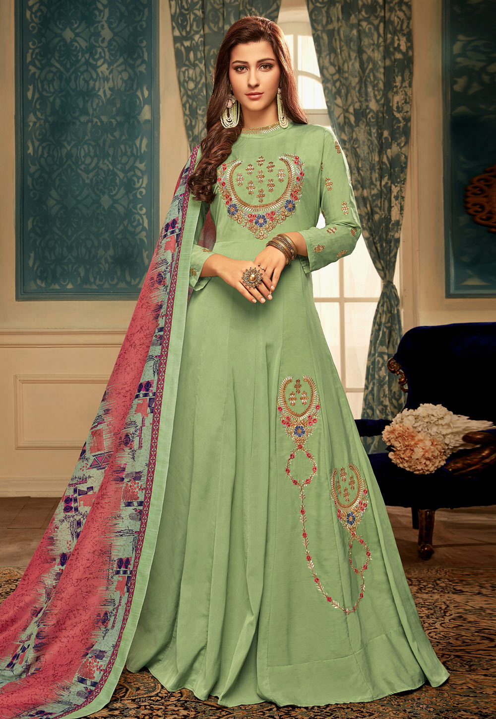 Green Muslin Abaya Style Anarkali Suit 157596