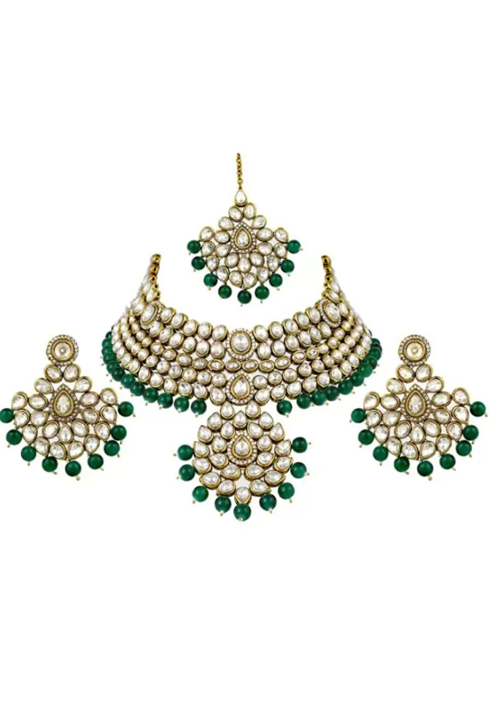 Green Alloy Austrian Diamond Necklace Set Earrings and Maang Tikka 199007