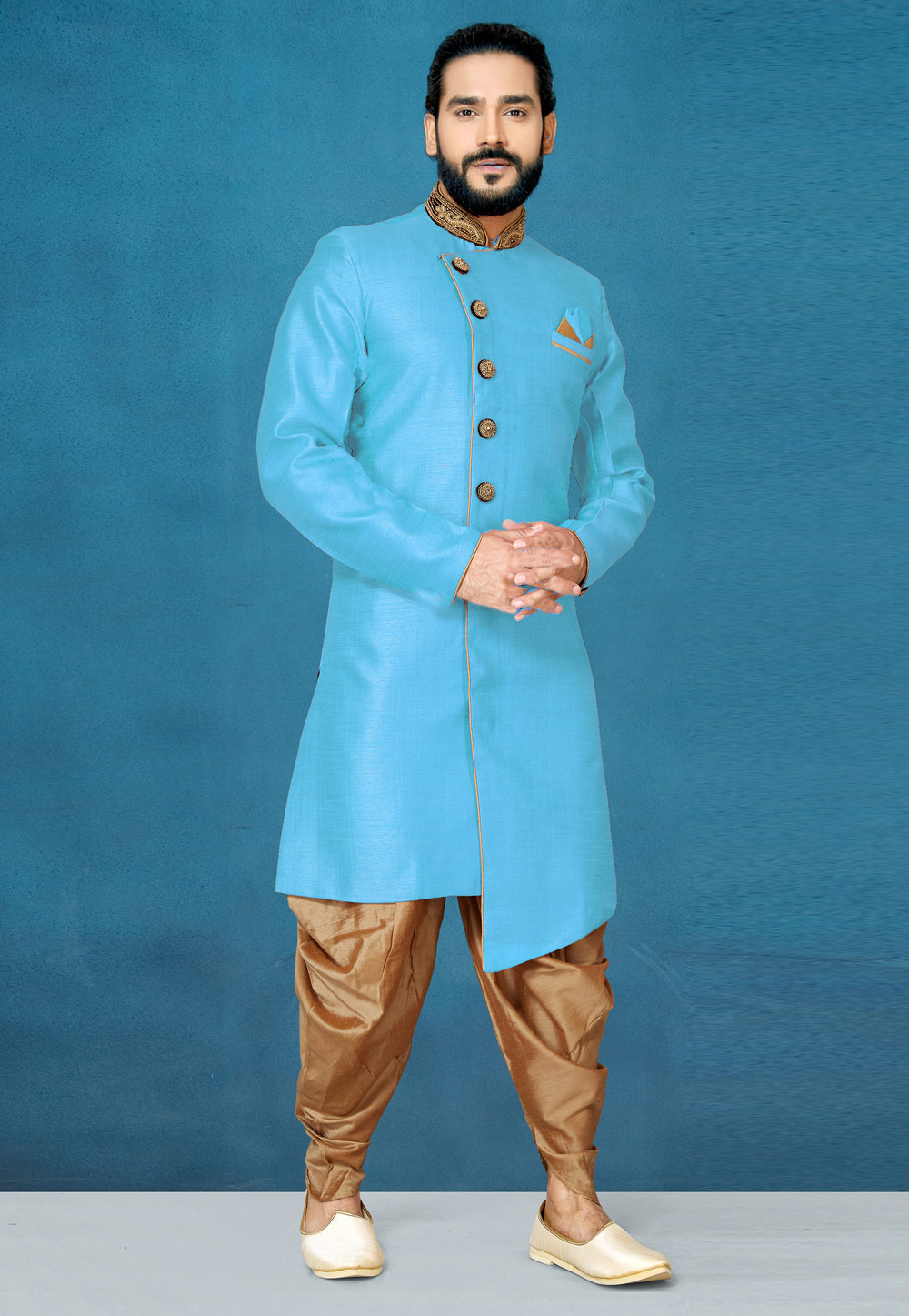 Sky Blue Art Silk Indo Western Suit 244619