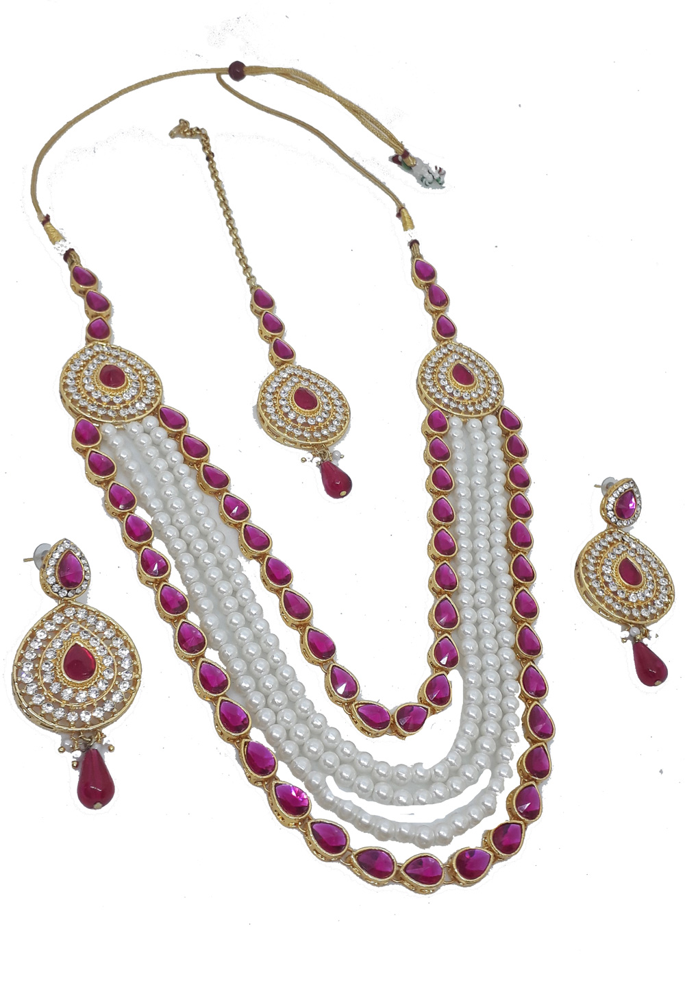 Pink Alloy Austrian Diamond Necklace Set Earrings and Maang Tikka 199013