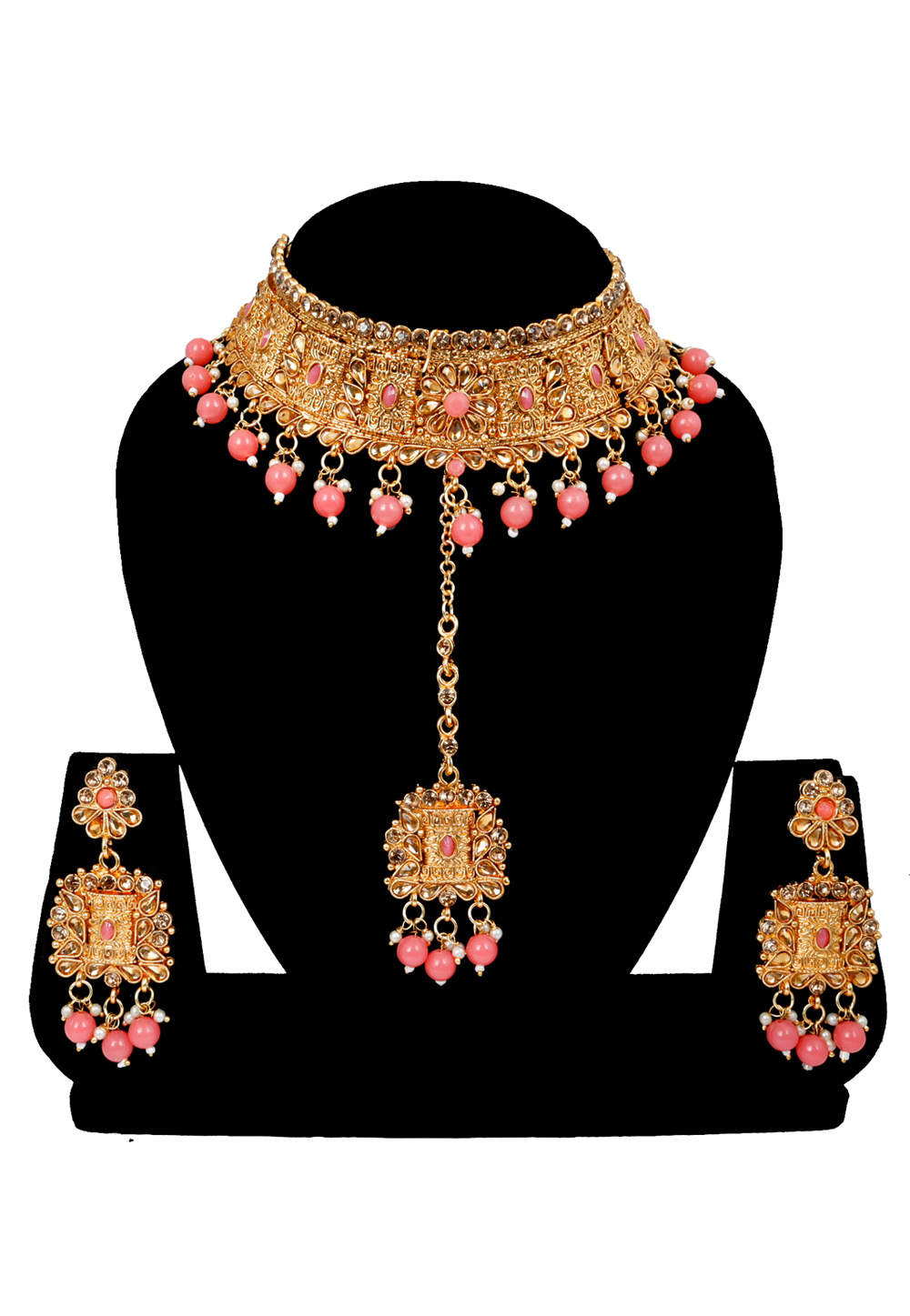 Pink Alloy Austrian Diamonds and Kundan Necklace Set With Earrings and Maang Tikka 272623