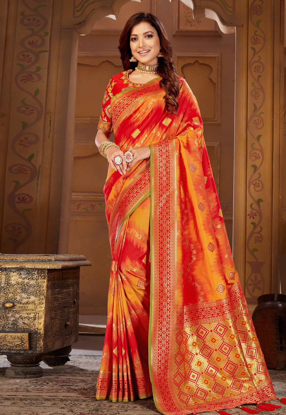 Red Jacquard Saree With Blouse 209610