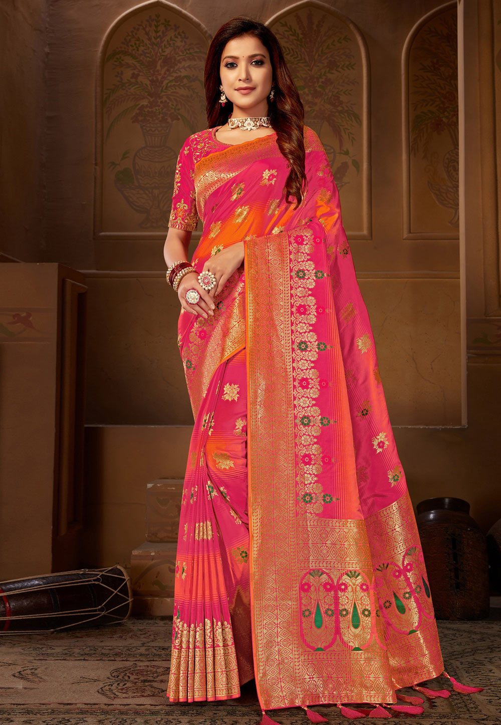 Pink Jacquard Saree With Blouse 209612