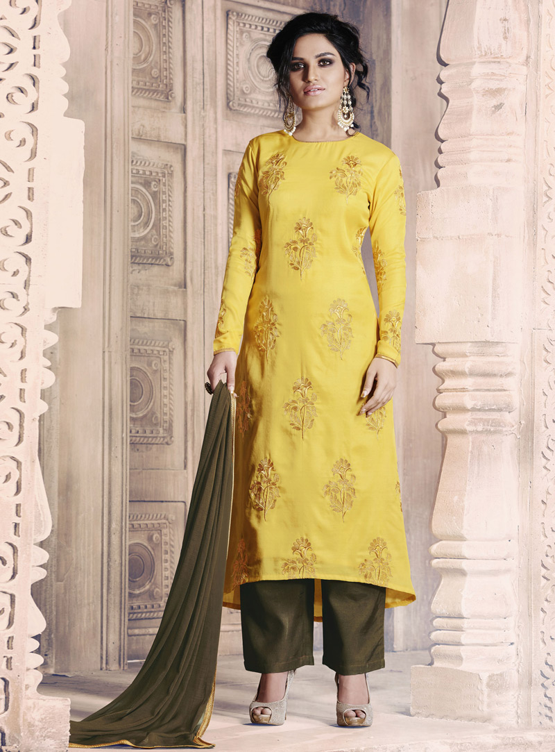 Yellow Tussar Pant Style Suit 95631