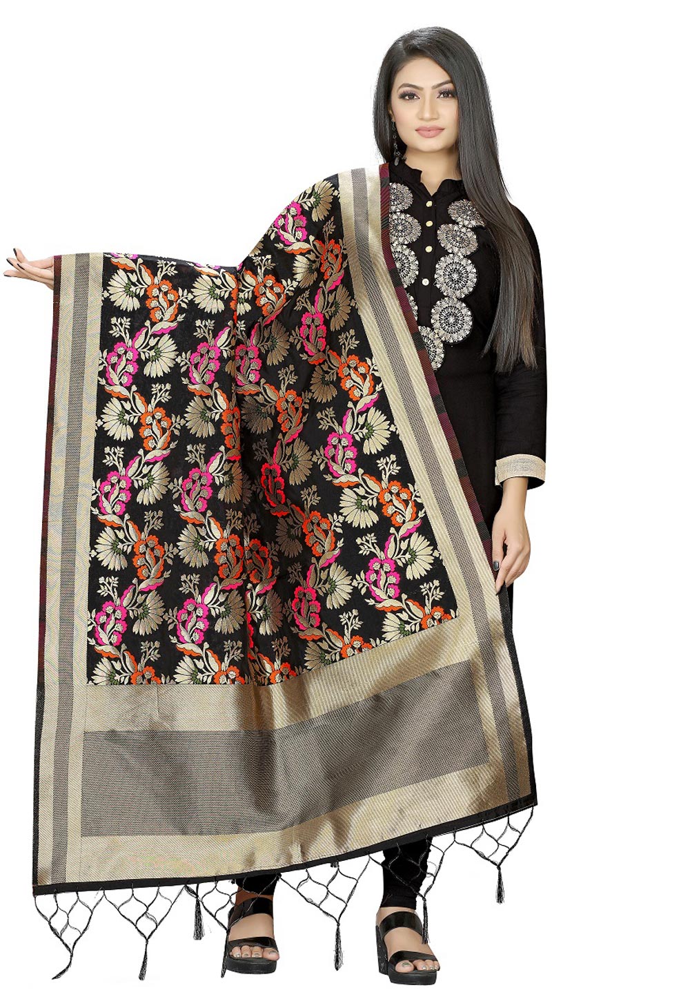 Black Banarasi Silk Dupatta 209294