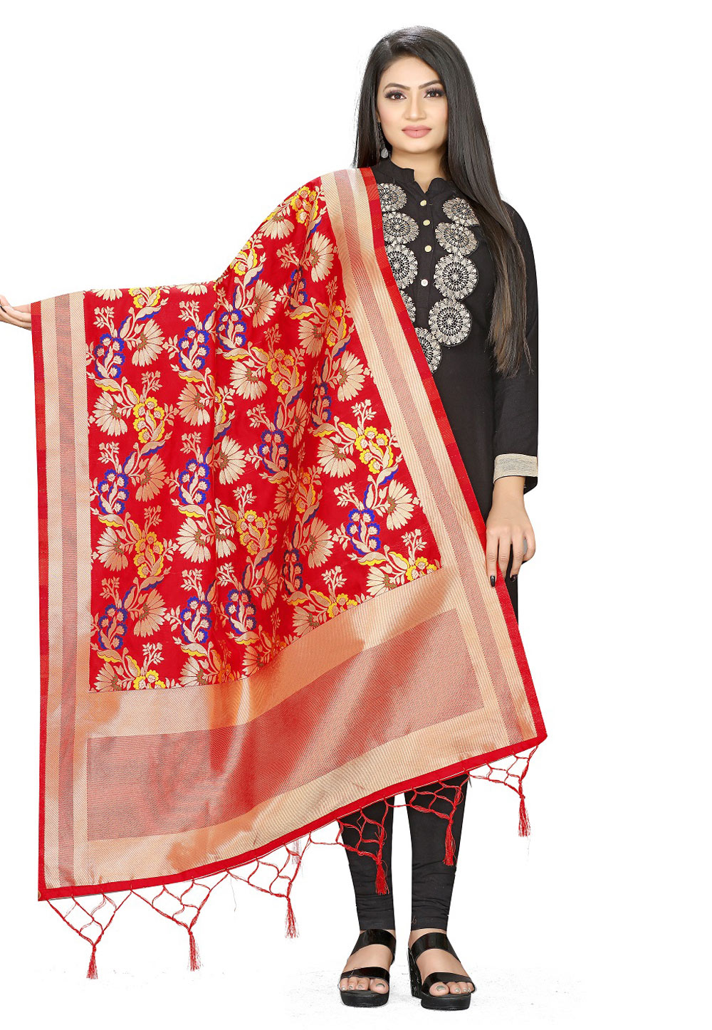 Red Banarasi Silk Dupatta 209305