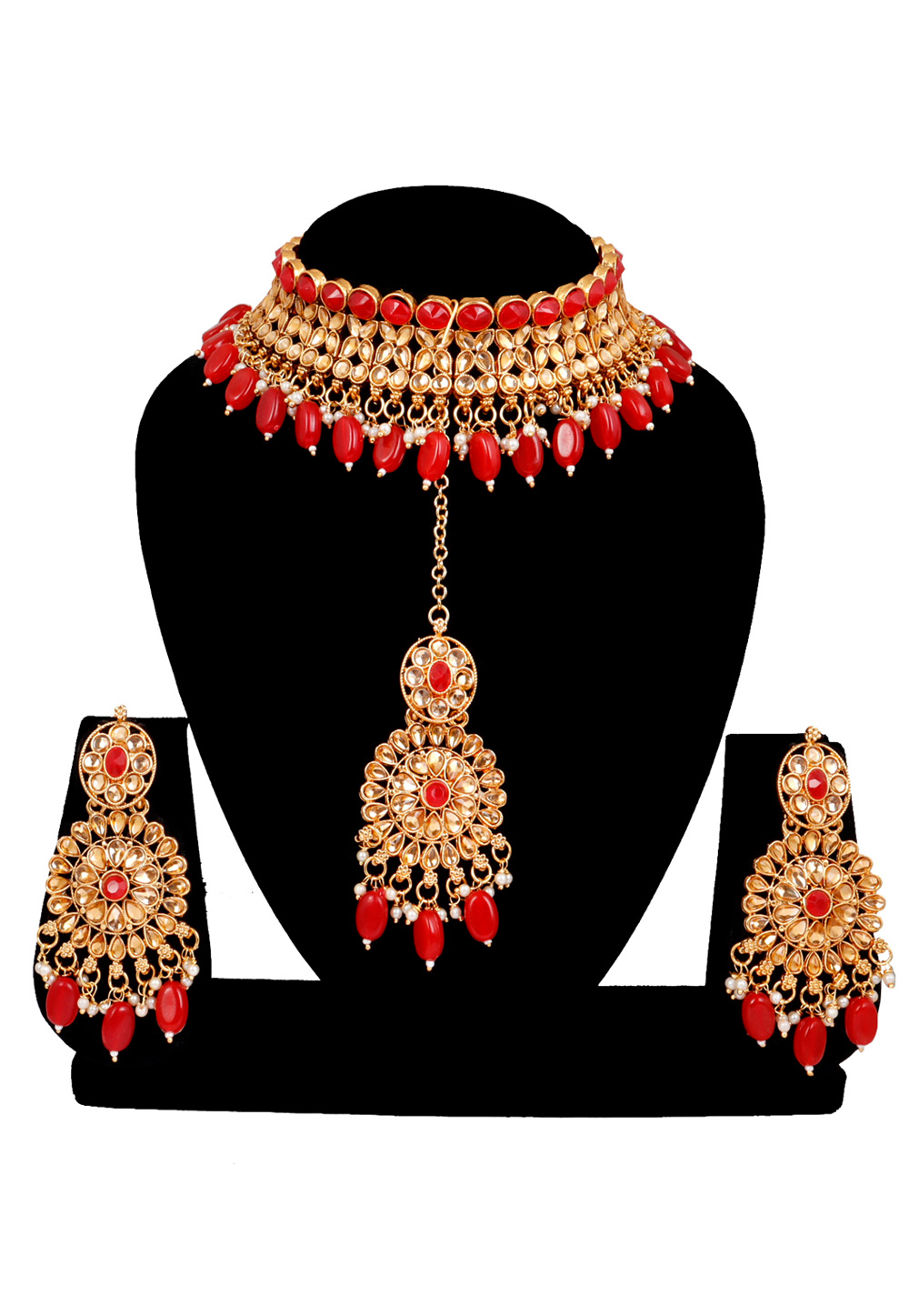 Red Alloy Austrian Diamonds and Kundan Necklace Set With Earrings and Maang Tikka 272624