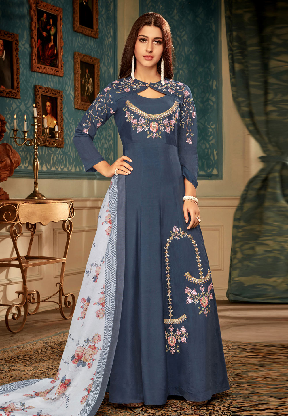 Blue Muslin Abaya Style Anarkali Suit 157598