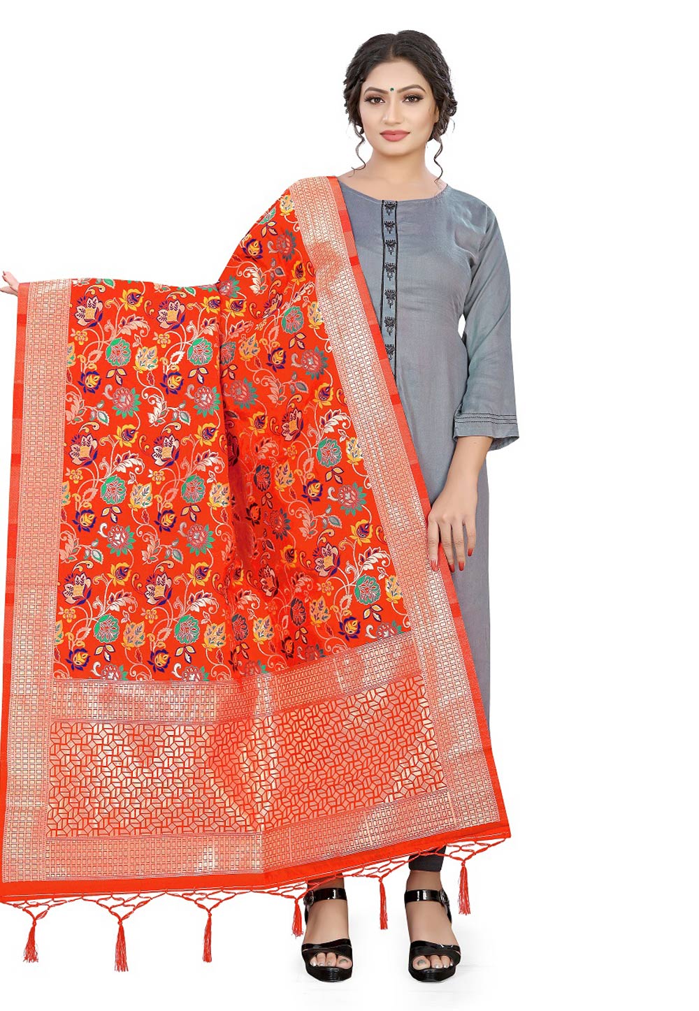 Orange Banarasi Silk Dupatta 209317
