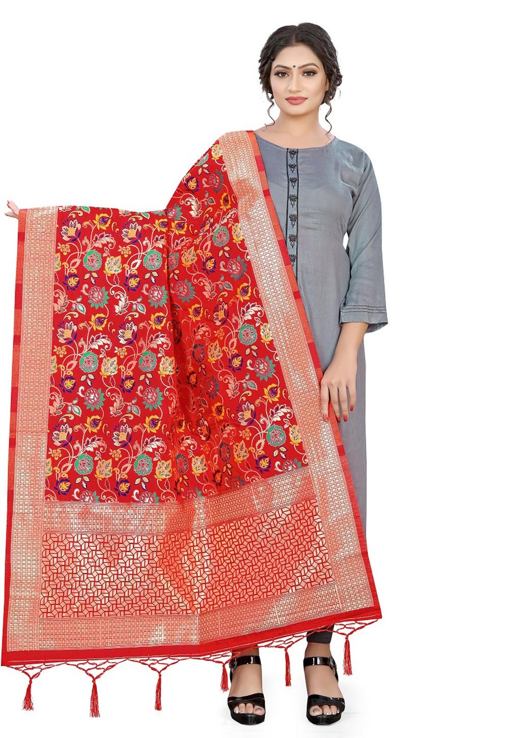 Red Banarasi Silk Dupatta 209321
