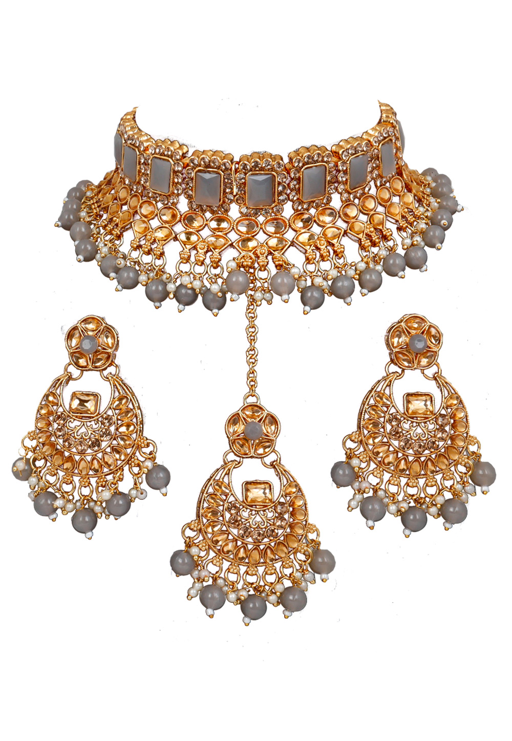 Grey Copper Light Weight Gold Plated Earring Mang Tika Set - Quail - 3693063