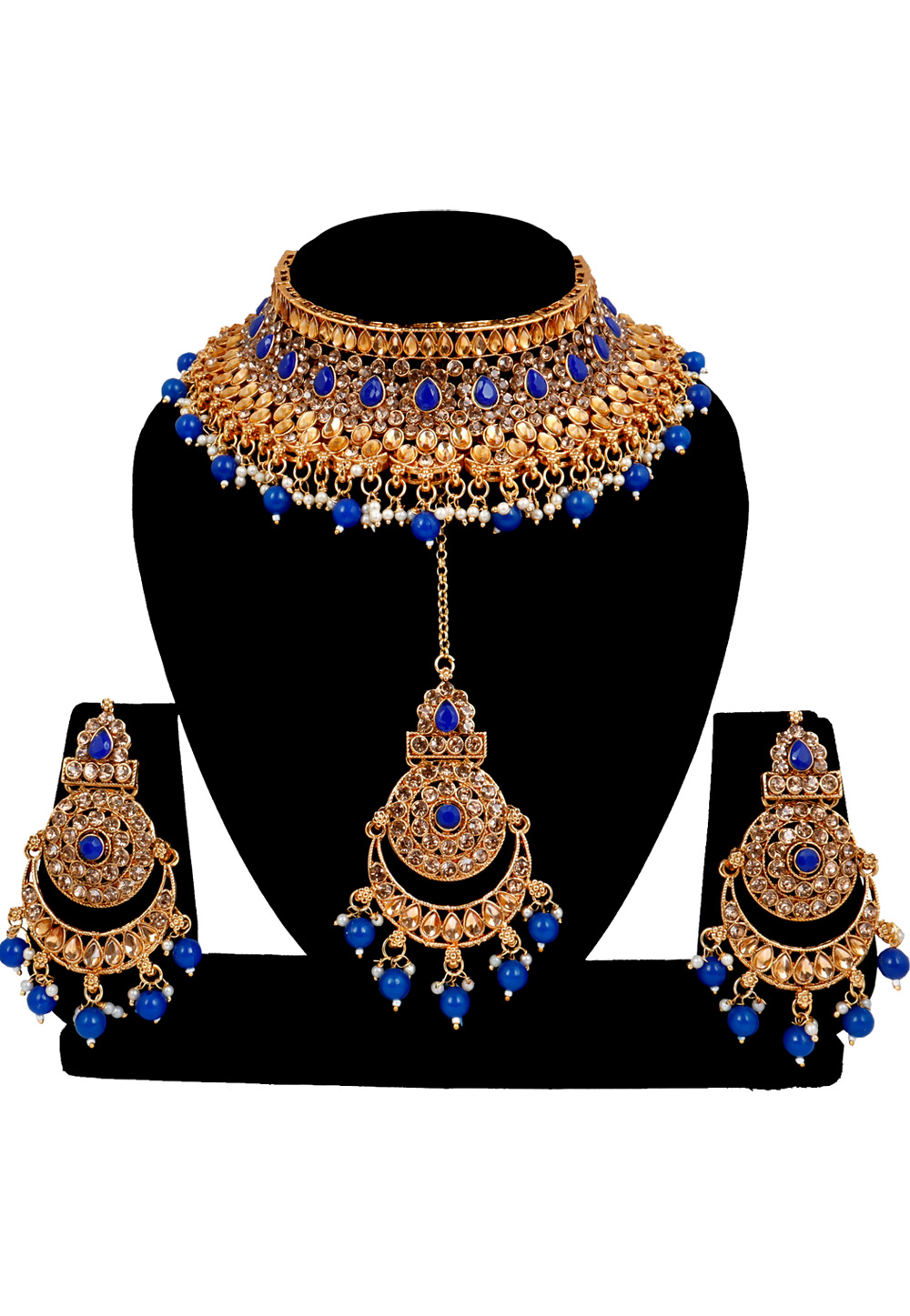 Blue Alloy Austrian Diamonds and Kundan Necklace Set With Earrings and Maang Tikka 272626