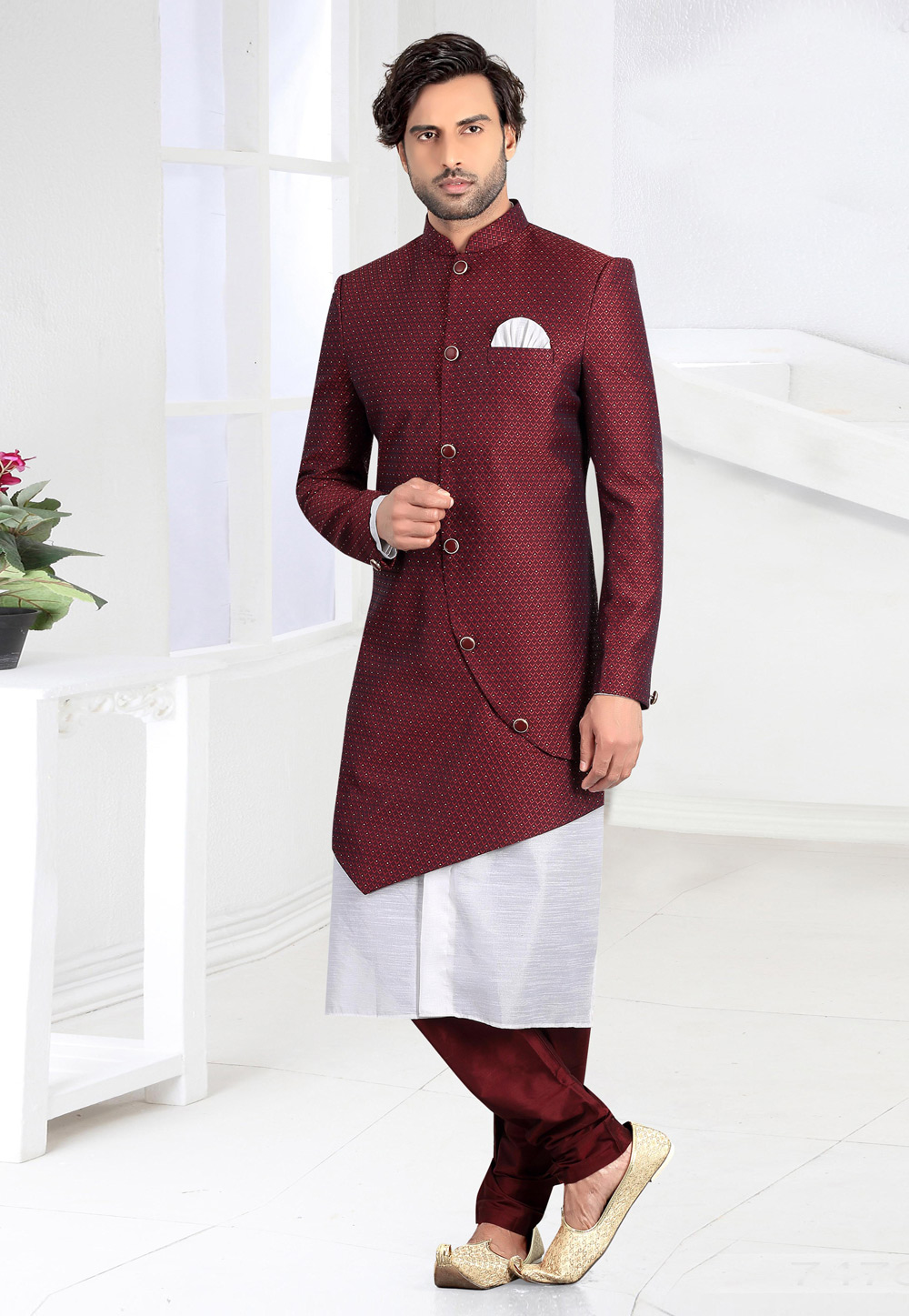 Maroon Jacquard Readymade Indo Western Suit 210129