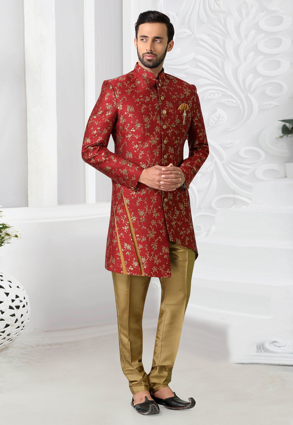Maroon Banarasi Readymade Indo Western Suit 210131