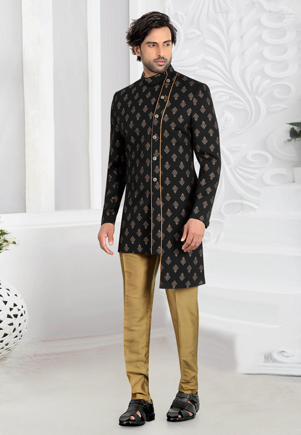 Black Rayon Readymade Indo Western Suit 210133