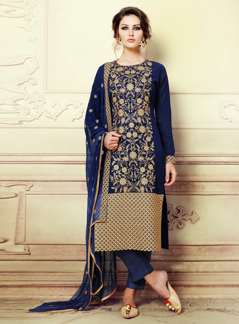 Navy Blue Georgette Pakistani Style Suit 124391